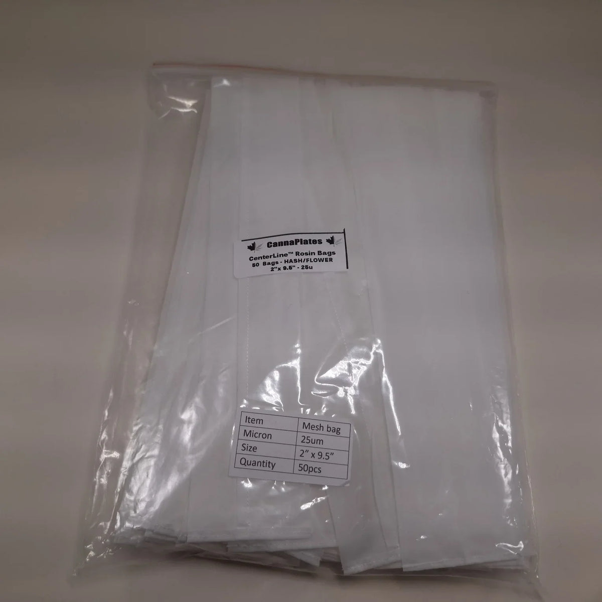 Pack of 50 CannaPlates CenterLine Rosin Bags, 2x9.5 inch, 25 micron mesh bags.