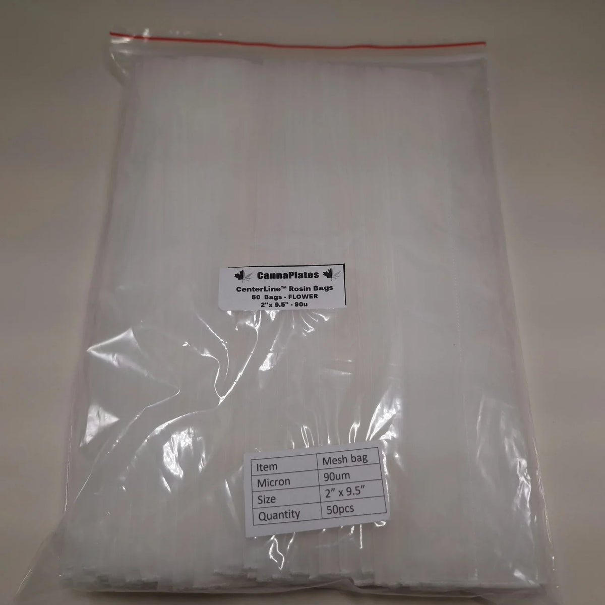 Pack of 50 white 90 micron rosin bags, size 2 x 9.5 inches for flower extraction.