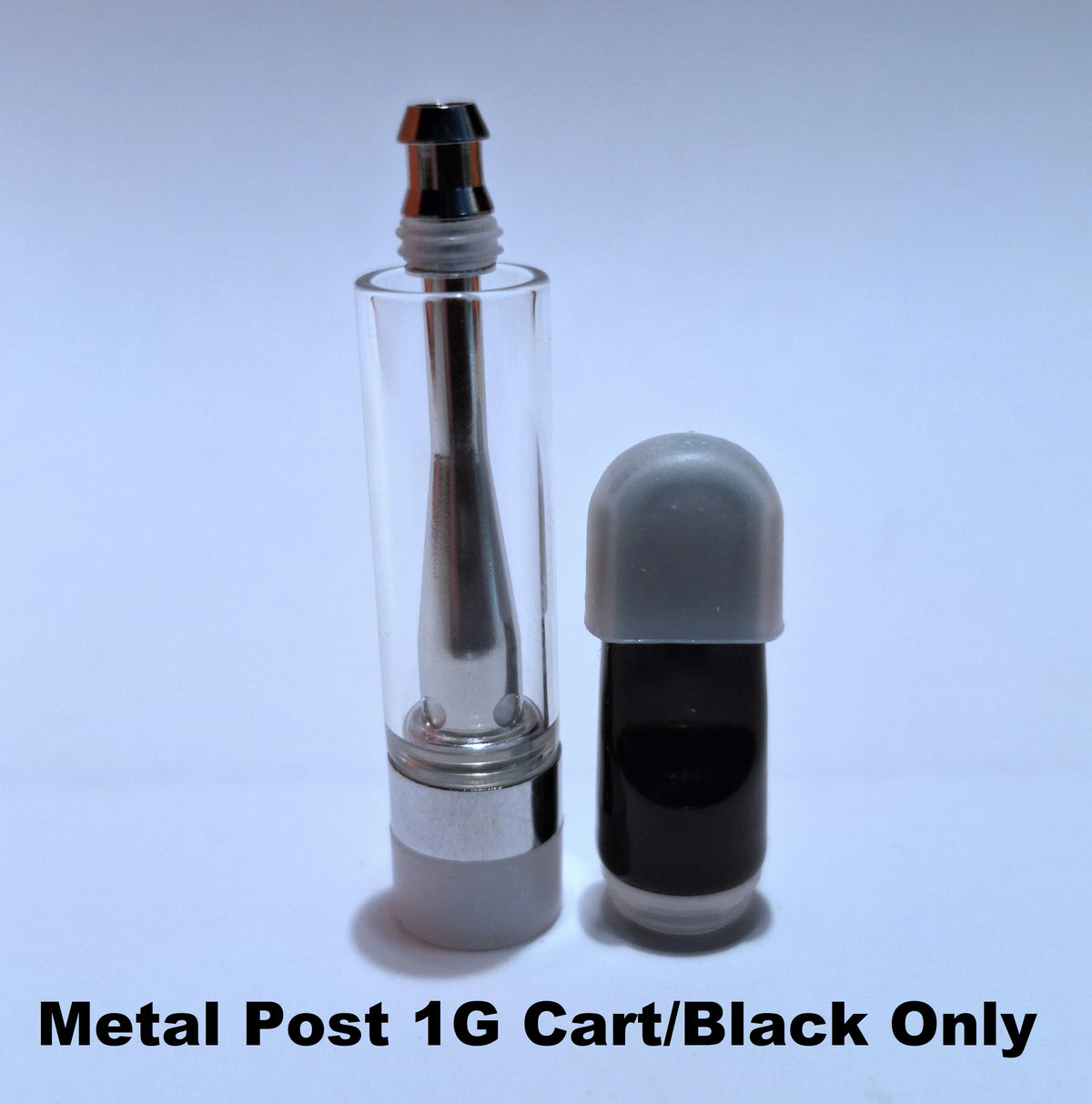 Clear 1G glass cartridge with metal post and black protective cap.