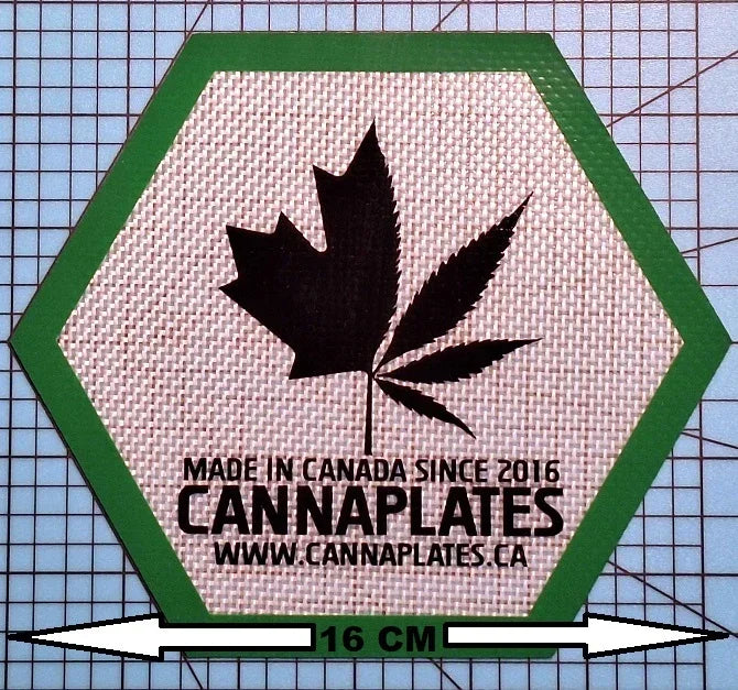 Hexagonal CannaPlates logo sticker with cannabis leaf design and website URL.