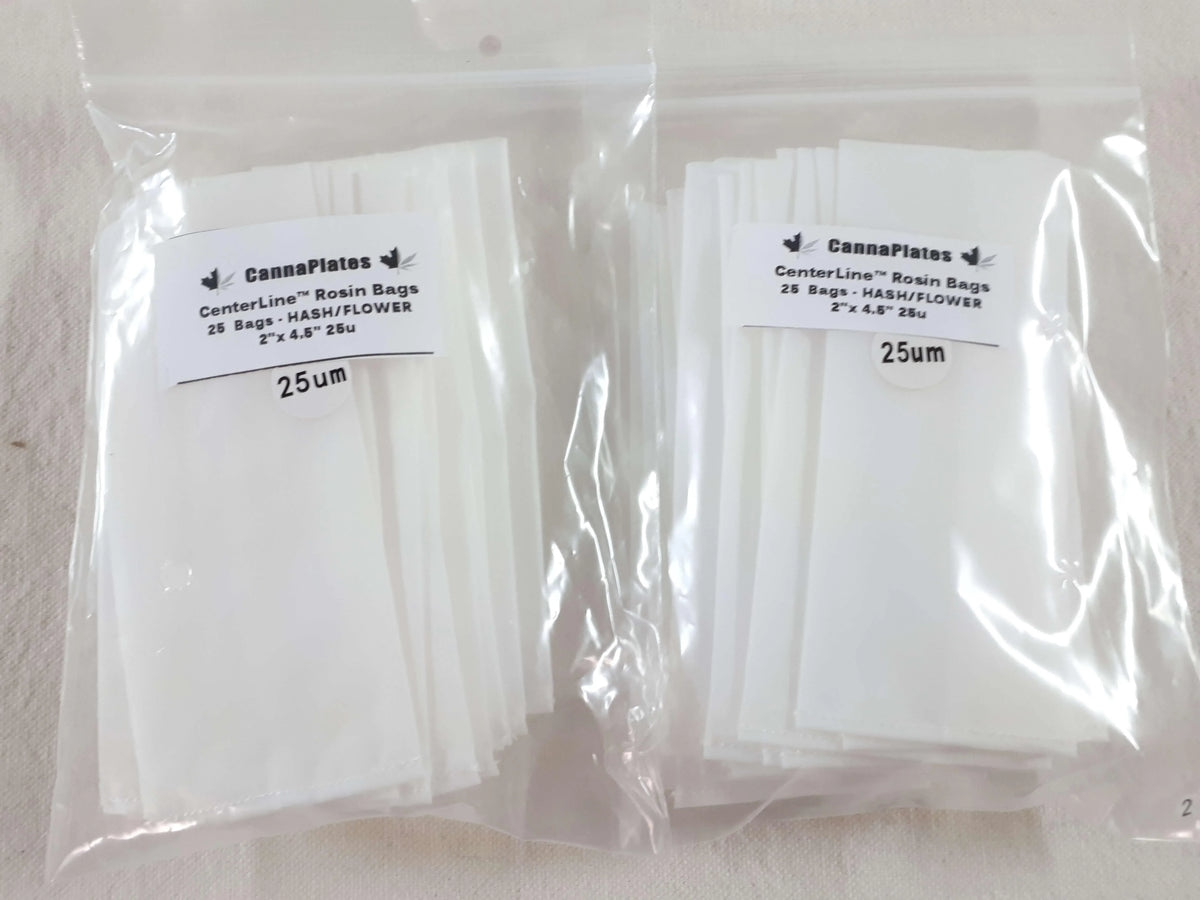 Two packs of CannaPlates CenterLine Rosin Bags, 25 micron, 2" x 4.5" size.
