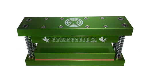 Green Cannacaged XL rosin press plates with heavy-duty metal springs.