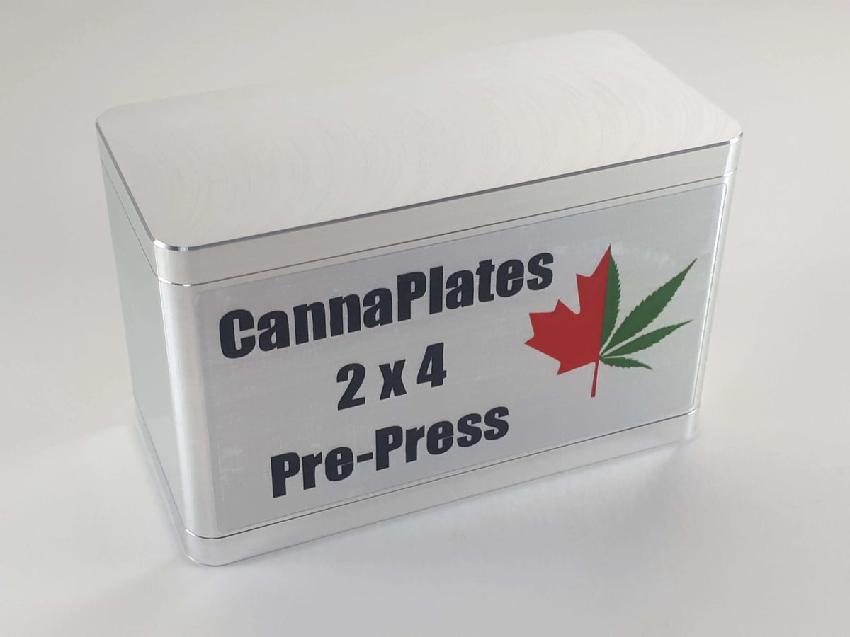 CannaPlates 2x4 Pre-Press aluminum case with a Canadian maple leaf and cannabis leaf logo.