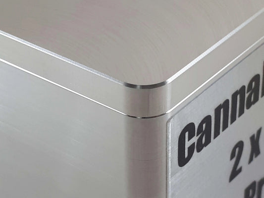 Close-up of a precision-machined aluminum CannaPlates rosin press heating plate corner.