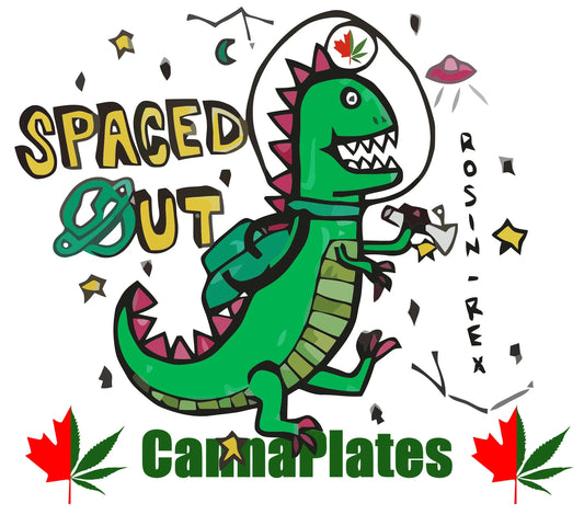 Cartoon green dinosaur wearing a space helmet holding a tool, with Spaced Out text.