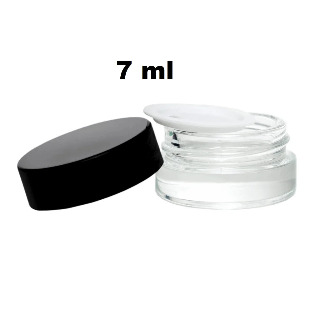 Small 7 ml clear glass jar with a black lid and white inner seal