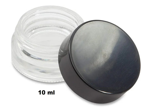 Small 10ml clear glass jar with a black lid for rosin storage