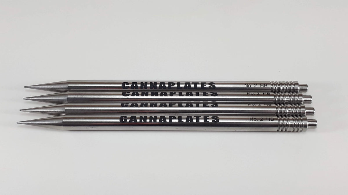 Four silver metal mechanical pencils with CannaPlates engraving on a white background.