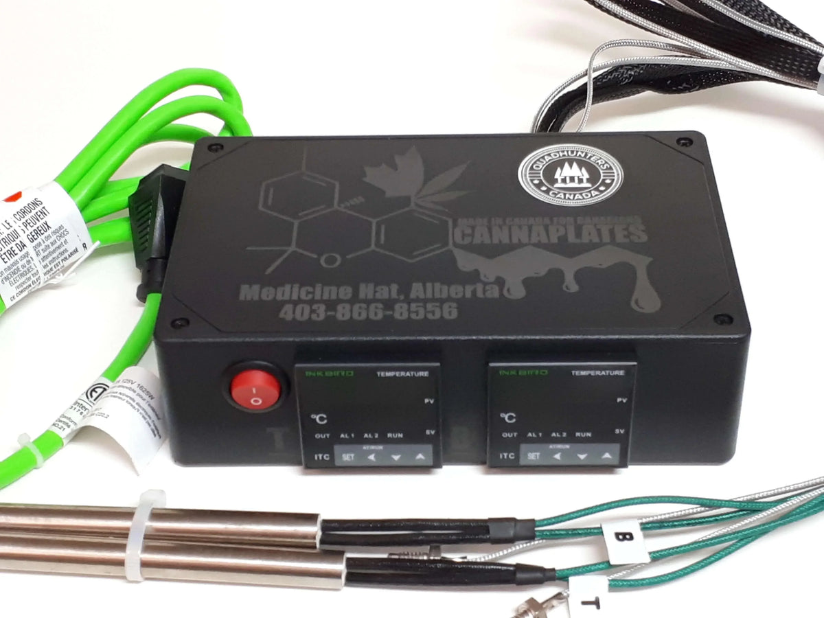 Black digital temperature controller box with dual displays and stainless steel probes.