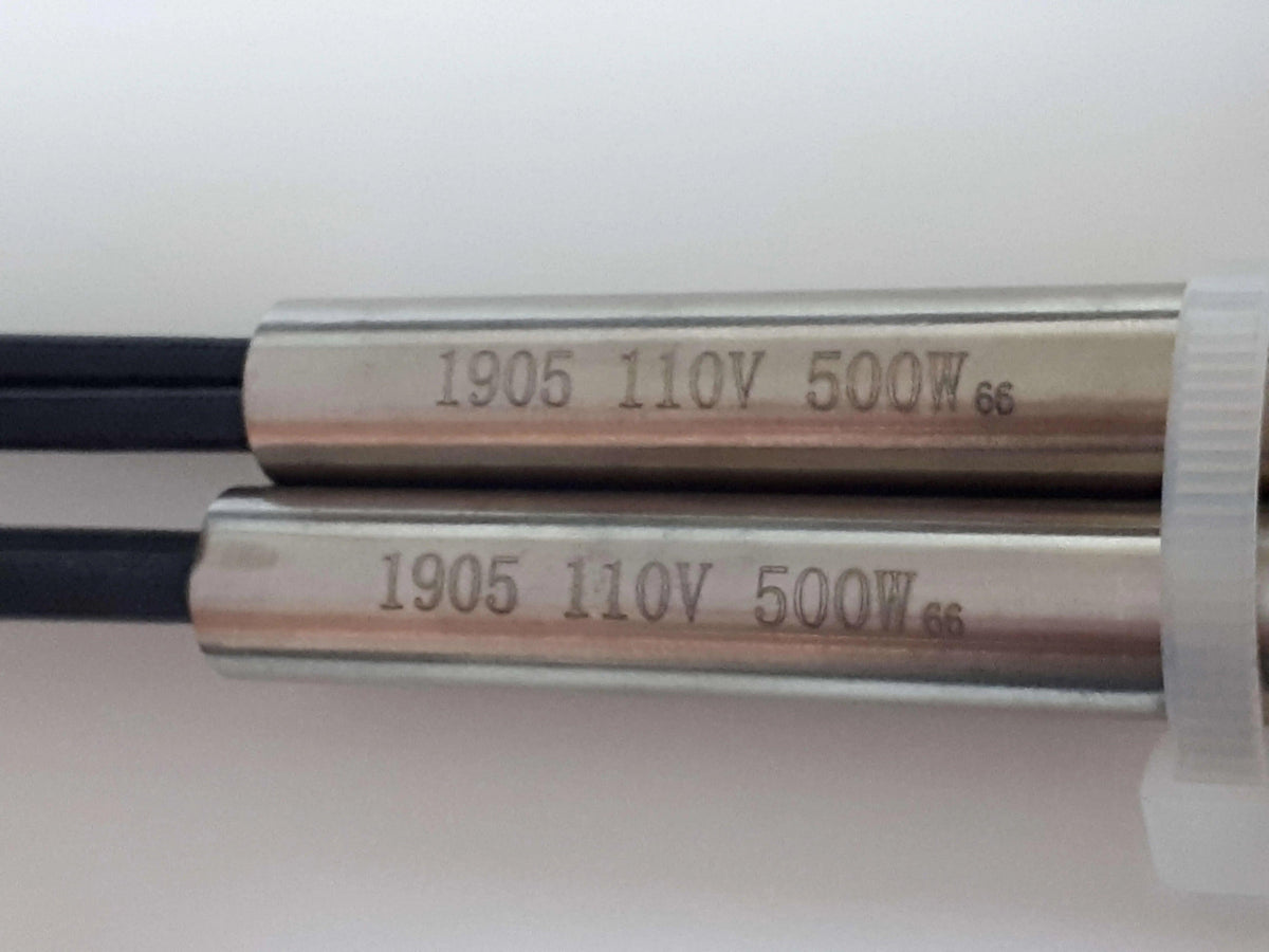 Two stainless steel heating elements engraved with 110V 500W specifications.