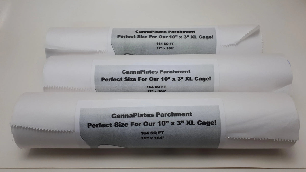 Three rolls of CannaPlates parchment paper for 10x3 inch XL cages, 12x164 feet each.
