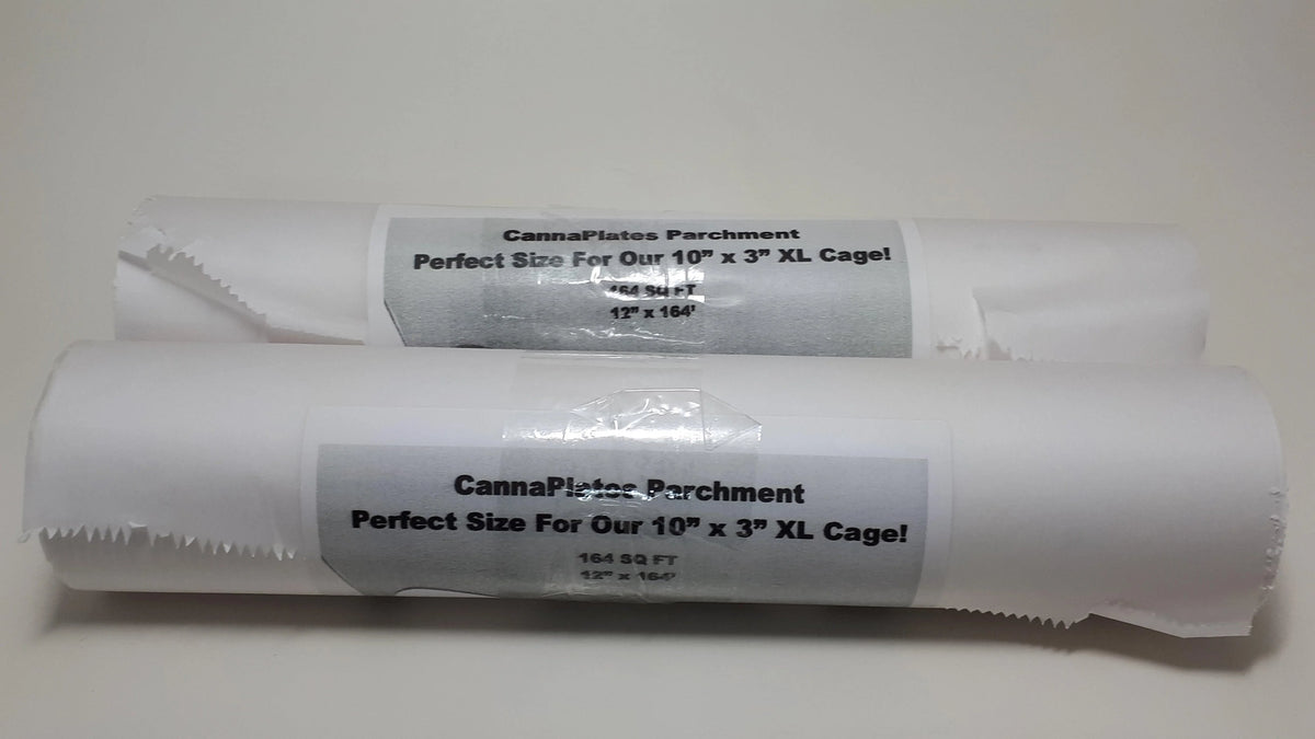 Two rolls of CannaPlates parchment paper for 10 inch by 3 inch XL cages.