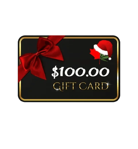 Black and gold $100 gift card featuring a red bow and a Santa hat on a maple leaf.