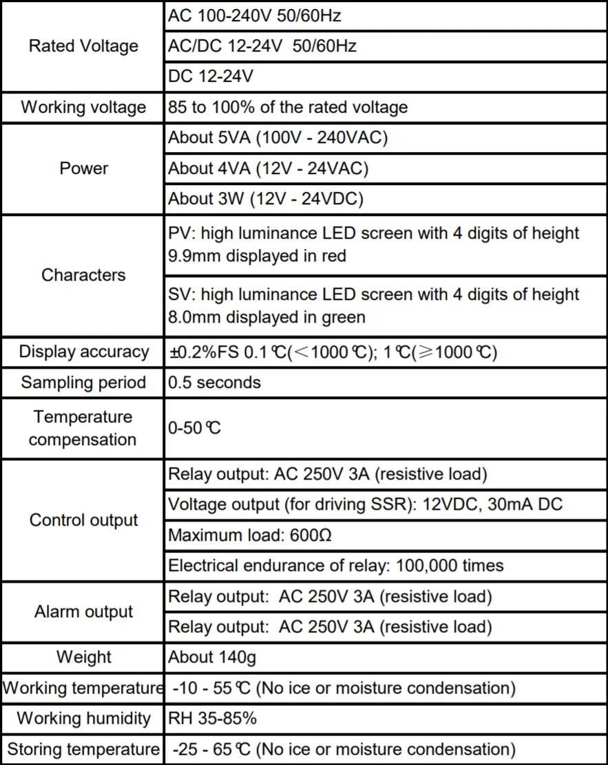 Technical specification table for an electronic temperature controller device.