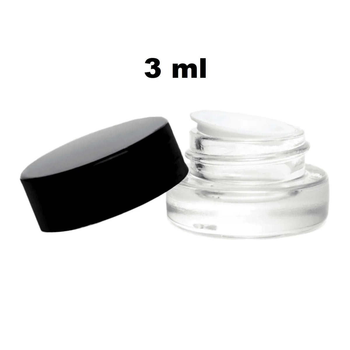 Small clear glass cosmetic jar with a black screw-on lid, 3 ml capacity.