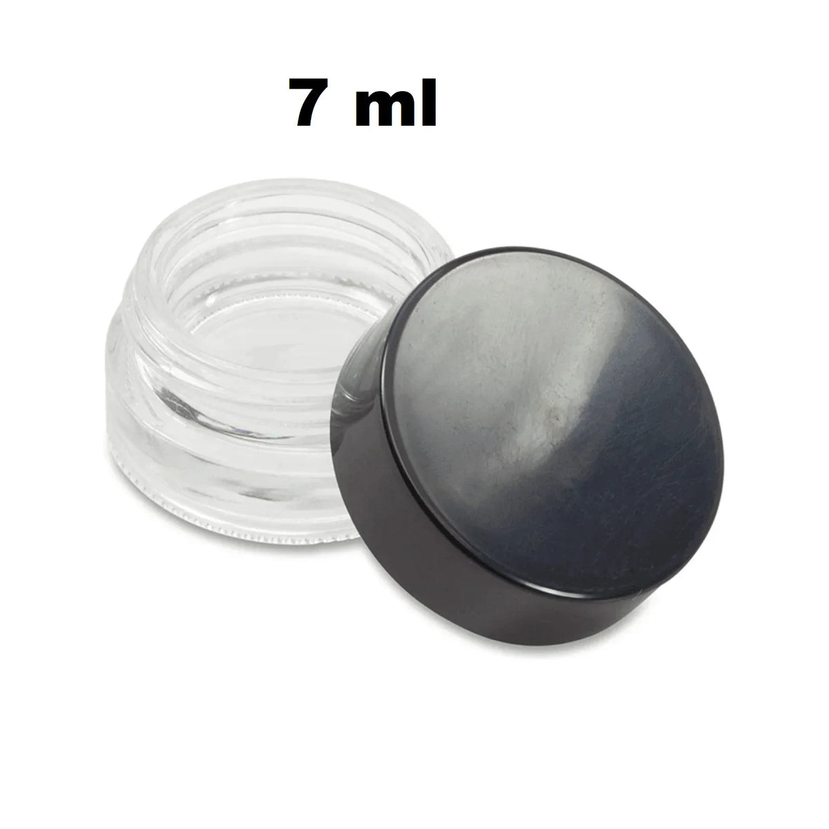7 ml clear glass jar with a black screw-on lid for rosin storage.