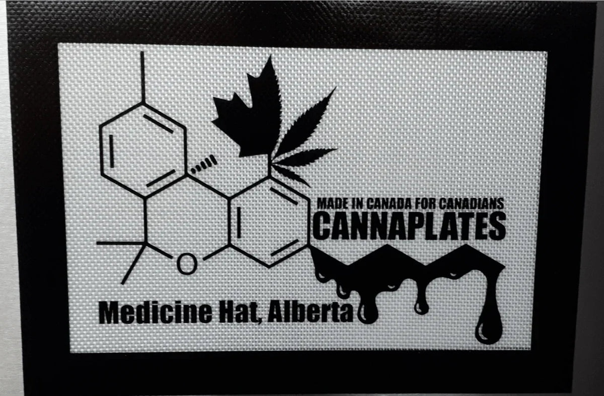 Laser engraved logo featuring a chemical structure, cannabis leaf, and Cannaplates text.